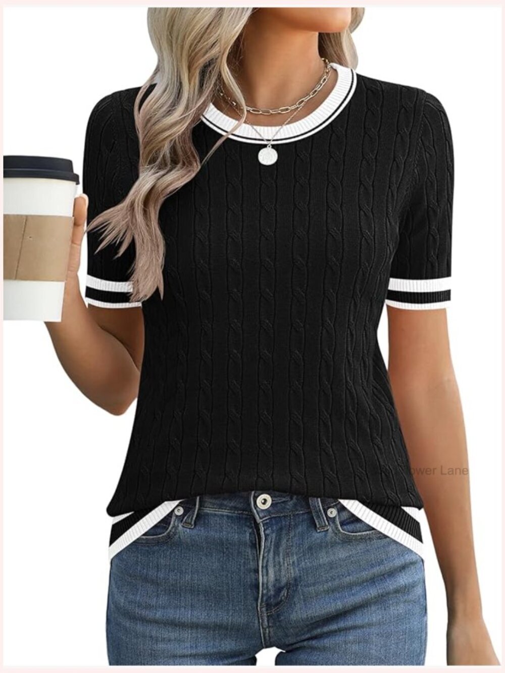 Short Sleeve Cable Knit Sweater Crewneck Lightweight Spring Summer Business